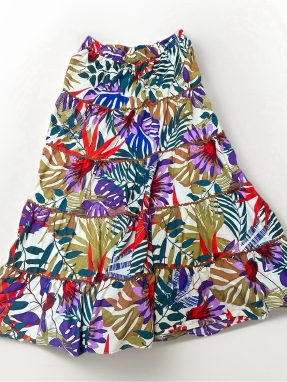 Resortwear Tropical Leaf Tiered Cotton Blend Maxi Skirt Multicolor Beach Sz L